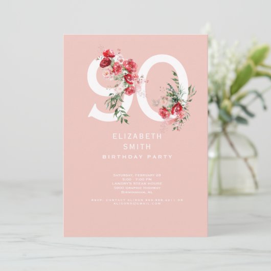 Roze & Rood Bloemen Elegant 90ste Verjaardagsfeest Kaart (Staand voorkant)