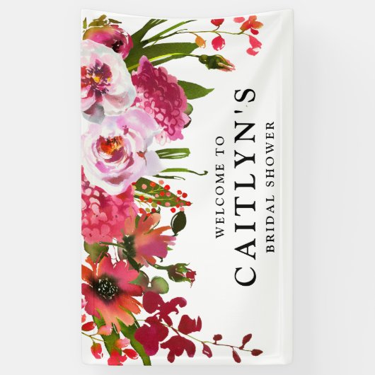 Roze Rood Bloemig Waterverf Bruiloft Feest Welkom Spandoek (Verticaal)
