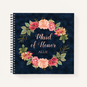 Roze Rood Bloemmotief Marineblauw Bruidsmeisje Tro Notitieboek