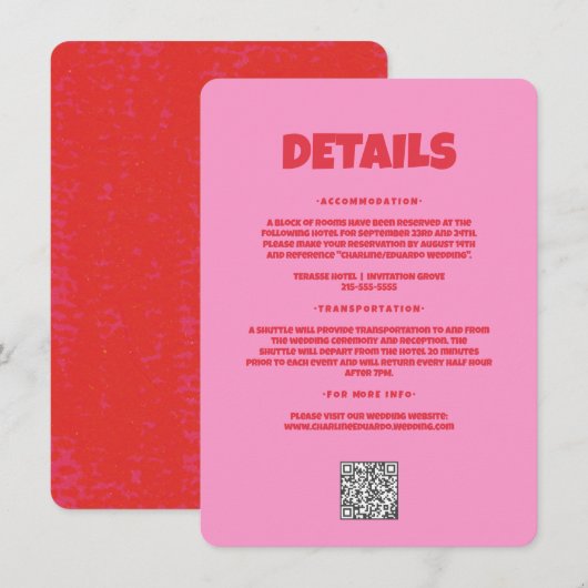 Roze Rood Bold Funky Groovy Wedding Detail Informatiekaartje (Voorkant / Achterkant)