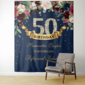 Roze rood bordeaux marine bloemrijke boho 50ste ve wandkleed (In situ)