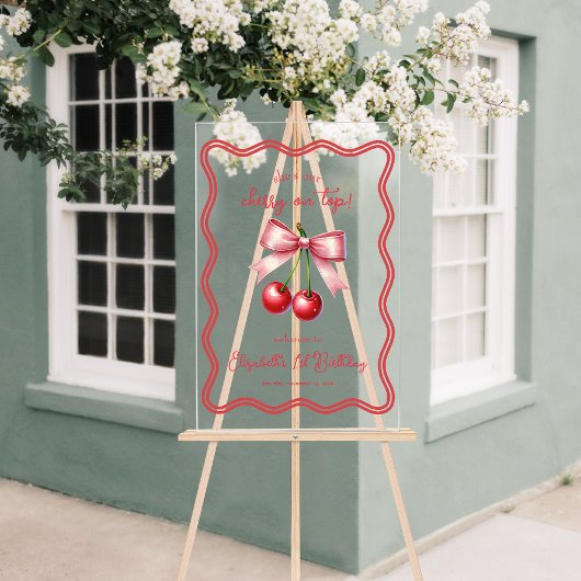 Roze Rood Coquette Kers 1e Verjaardag Welkom Acryl Bord