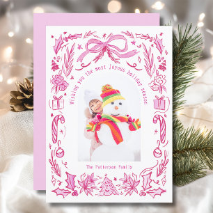 Roze Rood Coquette Kerst Familie Foto Doodles Feestdagenkaart