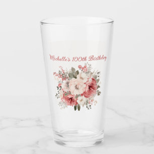 Roze Rood Crème Waterverf Bloem 100ste Verjaardag Glas