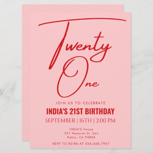 Roze Rood Eenentwintig 21e Verjaardag Kaart (Voorkant / Achterkant)
