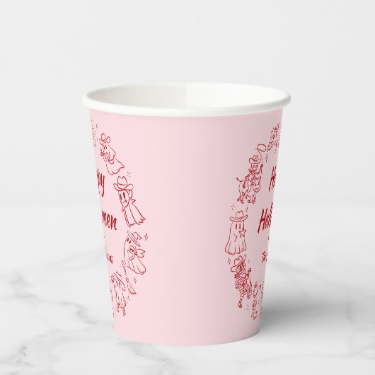 Roze Rood Eigenzinnige Hand Getrokken Doodles Hall Papieren Bekers (Links)