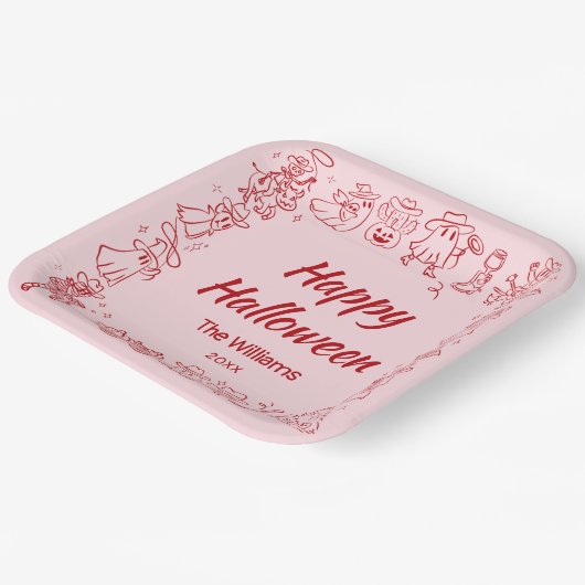 Roze Rood Eigenzinnige Hand Getrokken Doodles Hall Papieren Bordje (Gebogen)