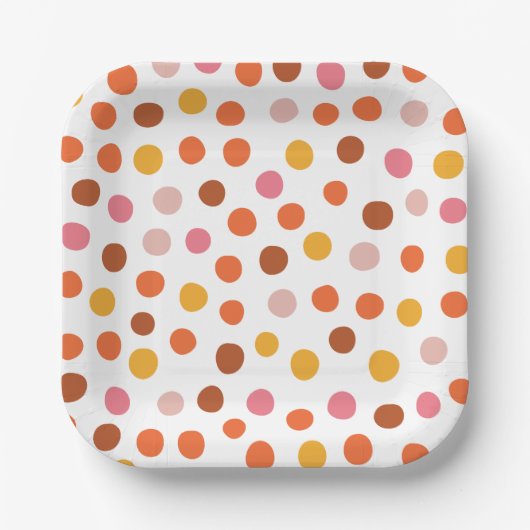 Roze, rood en geel polka stippen papier bord (Voorkant)