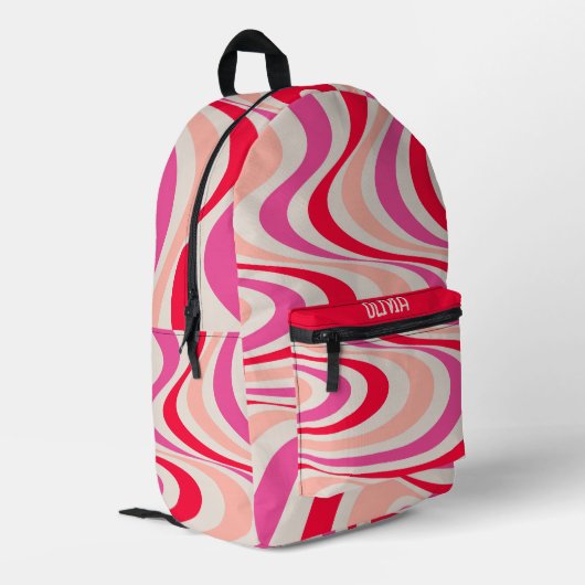 Roze, rood en grijs abstract retro swirl design bedrukte rugzak (Achterkant Hoek Links)