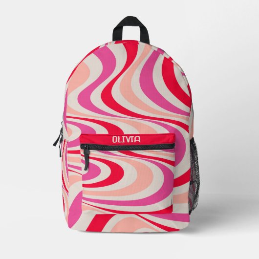 Roze, rood en grijs abstract retro swirl design bedrukte rugzak (Voorkant)