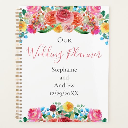 Roze Rood Geel Blauw Bloemig Elegant Bruiloft Planner (Voorkant)