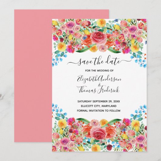 Roze Rood Geel Bloemig Elegant Waterverf Bruiloft Save The Date (Voorkant / Achterkant)