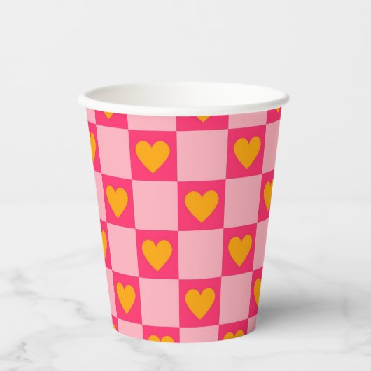 Roze Rood Geel Hart Liefde Geruit Y2K Patroon Papieren Bekers (Voorkant)