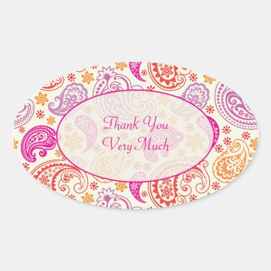 Roze Rood & Geel Paisley Patroon Ontwerp Ovale Sticker (Voorkant)