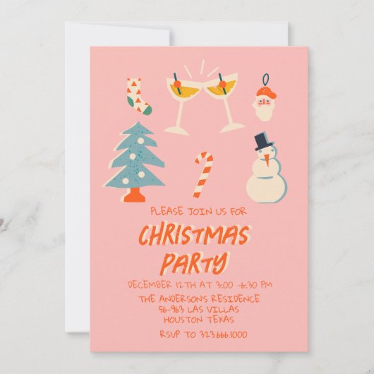  Roze Rood Geïllustreerd Leuk Kerstfeest Kaart (Voorkant)