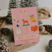  Roze Rood Geïllustreerde Kerst Retro Fun Feestdagenkaart