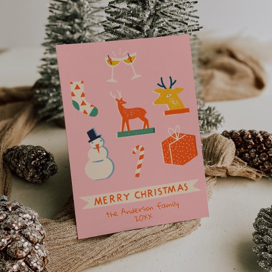  Roze Rood Geïllustreerde Kerst Retro Fun Feestdagenkaart