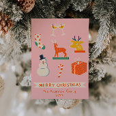  Roze Rood Geïllustreerde Kerst Retro Fun Feestdagenkaart