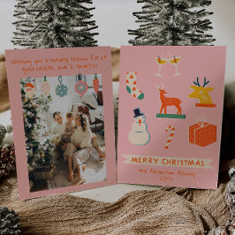  Roze Rood Geïllustreerde Kerst Retro Fun Feestdagenkaart