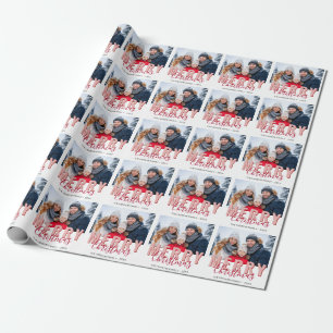 Roze Rood Gelukkig Kerstmis Script Familie Foto Cadeaupapier
