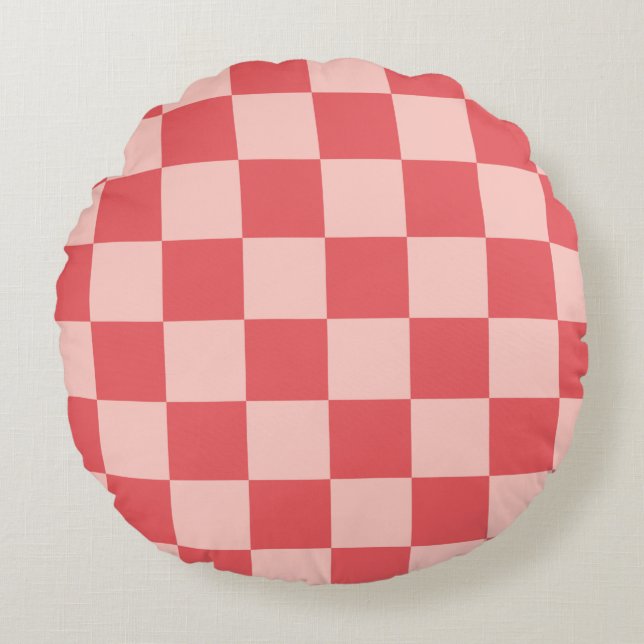Roze Rood Geruit Gingham Patroon Rond Kussen (Voorkant)