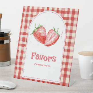 Roze Rood Geruite Aardbei Baby Shower Favoren Reclamebord Met Voetstuk
