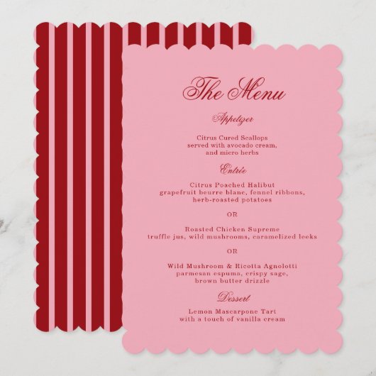 Roze Rood Gescallopte Retro Trouwmenu Kaart (Voorkant / Achterkant)
