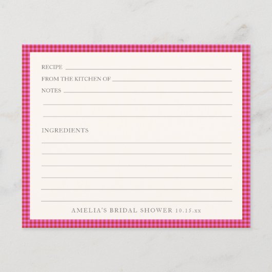 Roze Rood Gingham Bruiloftsrecept Kaart (Voorkant)