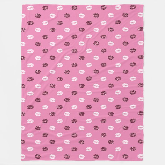 Roze Rood Glitter Wit Kisses Lippen Fleece Deken (Voorkant)