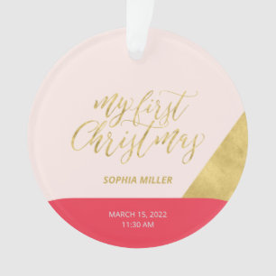 Roze, Rood & Goud Modern Eerste Kerstdag Foto Ornament