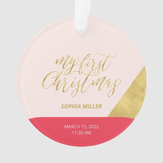 Roze, Rood & Goud Modern Eerste Kerstdag Foto Ornament (voorkant)