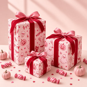 Roze Rood Griezelig Schattig Geesten Meisjes Hallo Cadeaupapier