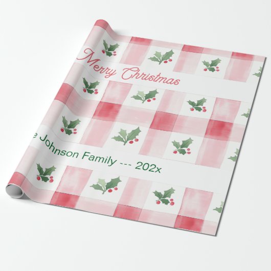 Roze Rood Groen Retro Gepersonaliseerde Kerst Cadeaupapier (Uitgerold)