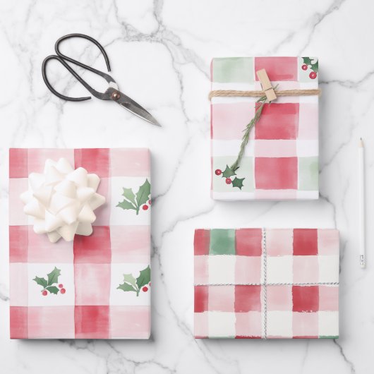 Roze Rood Groen Retro Kerstpatroon Inpakpapier Vel (Voorkant)