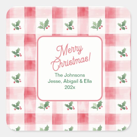 Roze Rood Groen Retro Patroon Kerst Vierkante Sticker (Voorkant)