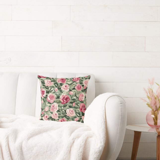 Roze Rood Groene Rozen Bloemen Kussen (Bank)