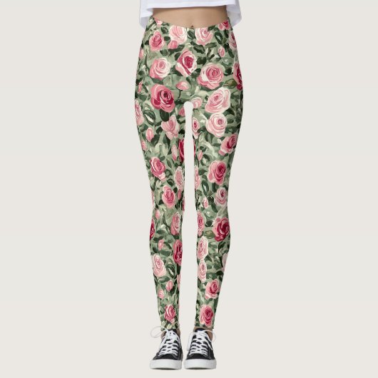 Roze Rood Groene Rozen Bloemen Leggings (Voorkant)