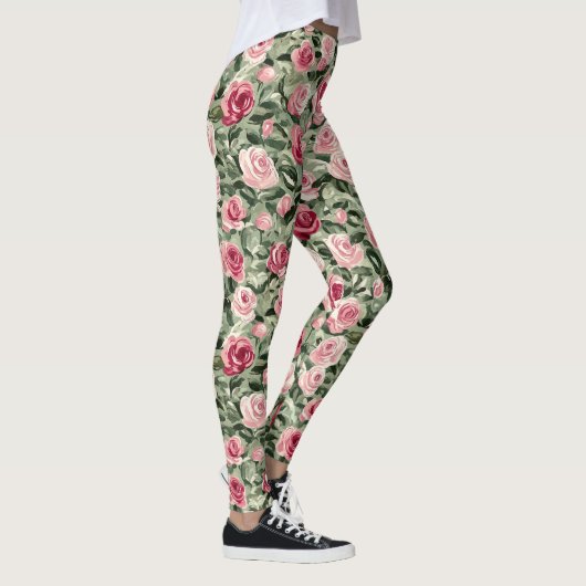 Roze Rood Groene Rozen Bloemen Leggings (Rechts)