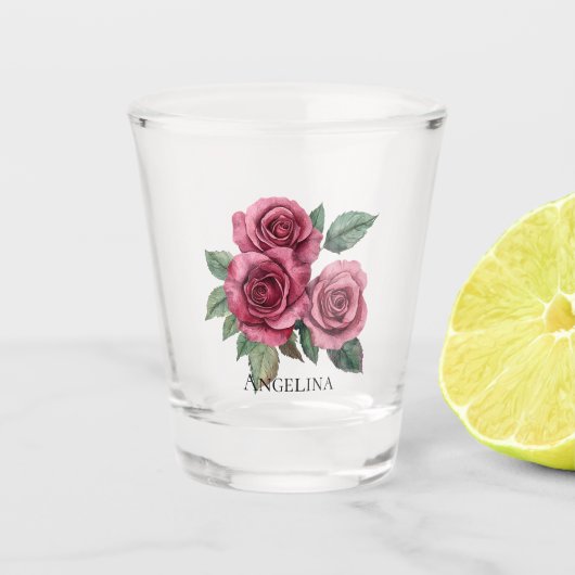 Roze Rood Groene Rozen Bloemen Shot Glas (Voorkant)