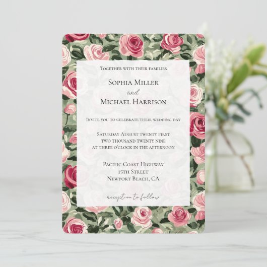 Roze Rood Groene Rozen Bloemige Bruiloft Kaart (Staand voorkant)