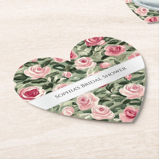 Roze Rood Groene Rozen Bloemrijke Bruiloftsdouche Kartonnen Onderzetters (Gekanteld)