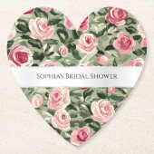 Roze Rood Groene Rozen Bloemrijke Bruiloftsdouche Kartonnen Onderzetters (Voorkant)