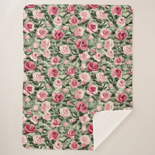Roze Rood Groene Rozen Bloemstuk Sherpa Deken (Voorkant)
