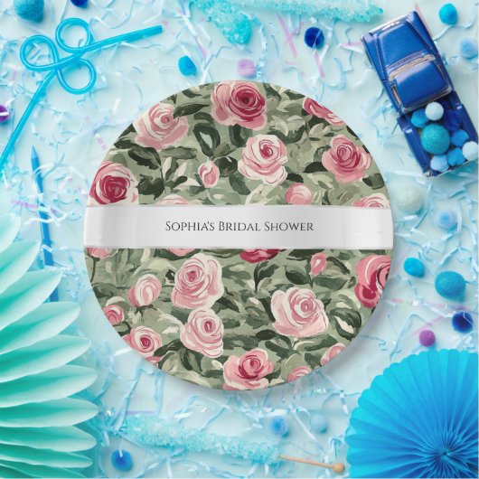 Roze Rood Groene Rozen Floral Vrijgezellenfeest Papieren Bordje (Feest)