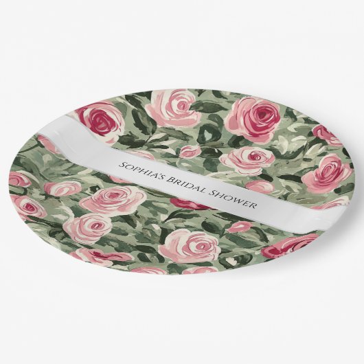 Roze Rood Groene Rozen Floral Vrijgezellenfeest Papieren Bordje (Gekanteld)