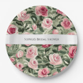 Roze Rood Groene Rozen Floral Vrijgezellenfeest Papieren Bordje (Voorkant)