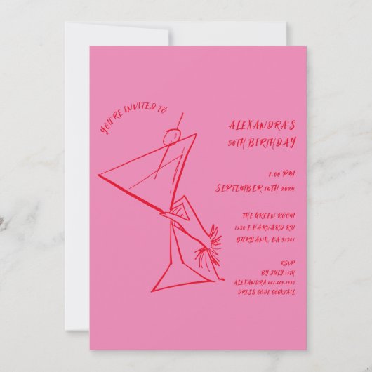 Roze Rood Handgetekende 50e Verjaardag Uitnodiging (Voorkant)