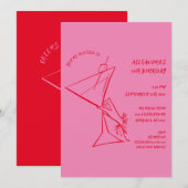 Roze Rood Handgetekende 50e Verjaardag Uitnodiging (Voorkant / Achterkant)