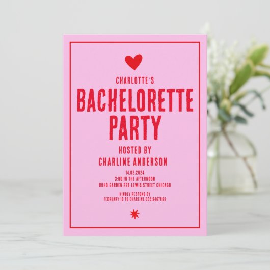 Roze Rood Handschrift Retro Bachelorette Party Kaart (Staand voorkant)