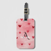 Roze Rood Hart Monogram Naam Bagagelabel (Voorkant (verticaal))